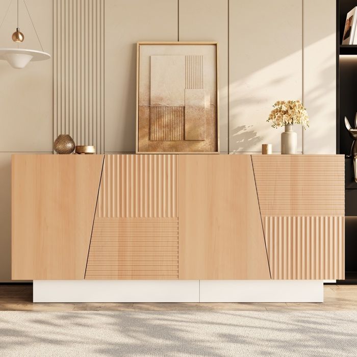 Buffet 160 x 405 x 72 cm avec 4 portes 2 espaces de rangement étagères réglables PB et MDF blanc et naturel