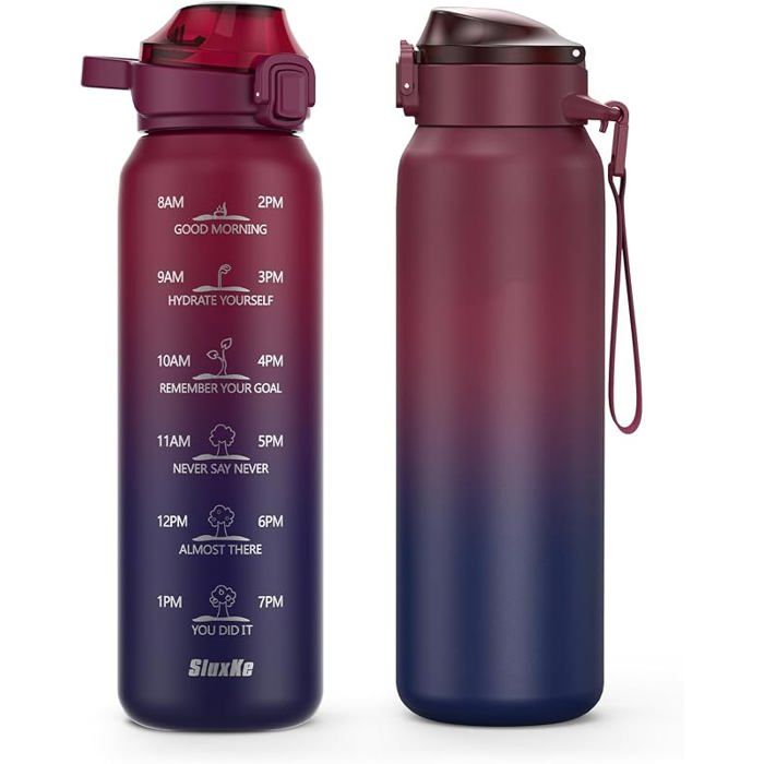 1 litre Gourde Isotherme avec Handle18/10 INOX Bouteille 1000ml avec Marquage De Temps sans BPApour Rouge Noir 1000 ml
