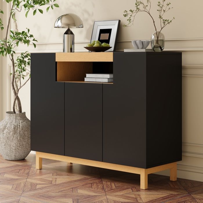 HOMVRA Buffet 3 portes avec niche ouverte 120 5 x 42 x 96 cm noir et aspect bois