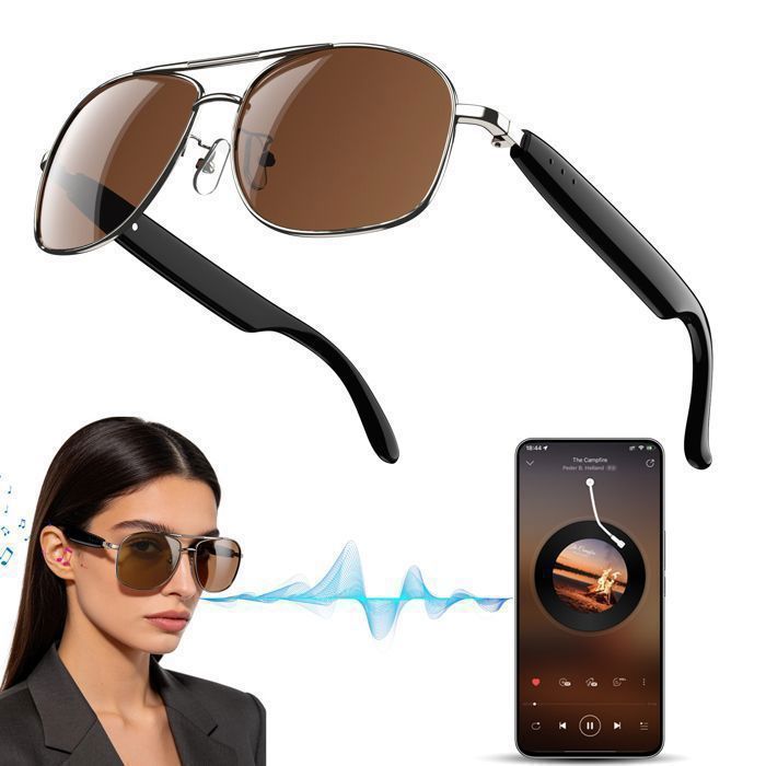 FeipuQu Lunettes Connectées Micro Antibruit Appel Bluetooth Contrôle Vocal UV400 Anti-lumière Bleue Audio HD IP54 iOS Android Argent