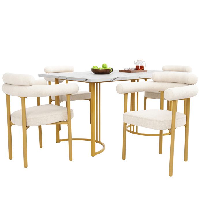 ELVORIN Ensemble table à manger 5 pièces 140 x 80 x 75 cm 4 chaises beige et doré pieds en métal plateau effet marbre