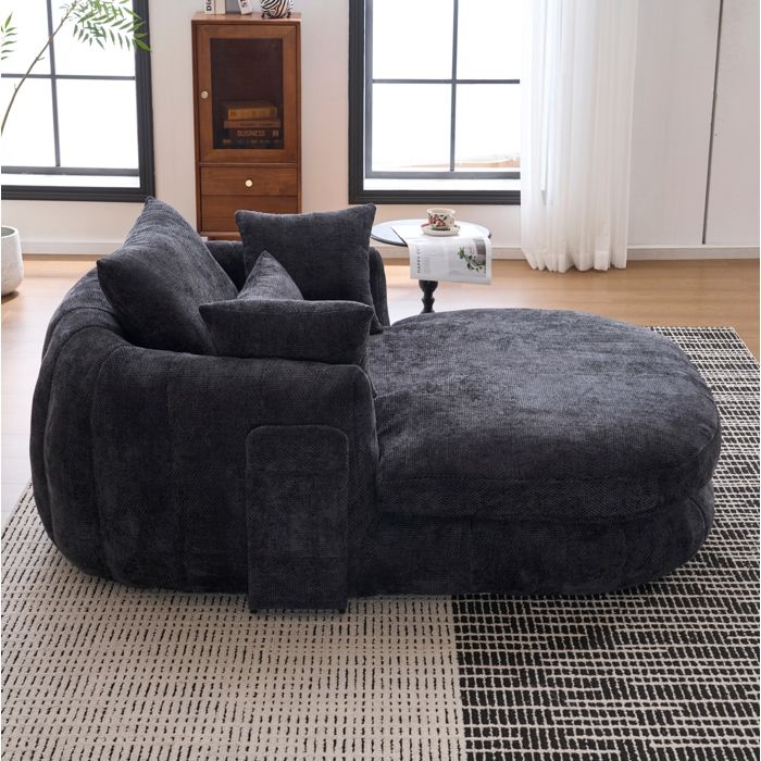 Méridienne 1 place assise profonde AESVAR en chenille noire avec coussins sans montage