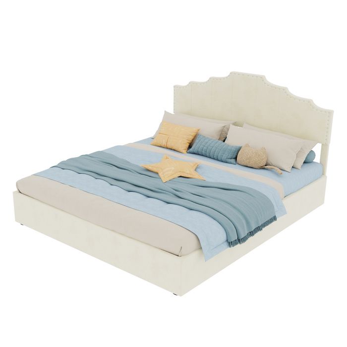 WUVRIE Lit coffre 160x200 cm beige avec matelas inclus tête de lit décorative structure relevable