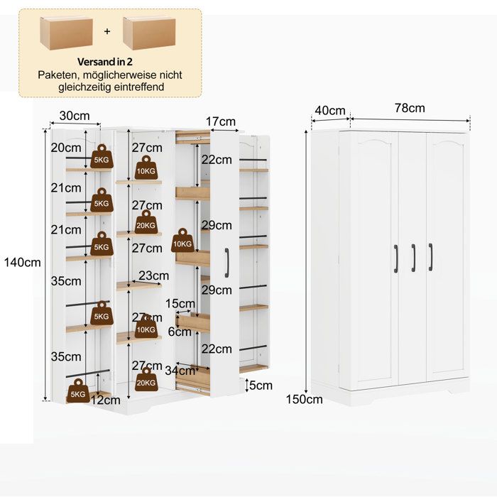Buffet de cuisine 3 portes 78 x 40 x 150 cm avec colonne coulissante 4 niveaux étagères réglables MDF blanc