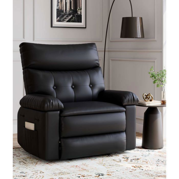 Fauteuil relax pivotant XL similicuir noir – Dossier inclinable assise moelleuse épaisse charge lourde 180kg salon/salle à manger