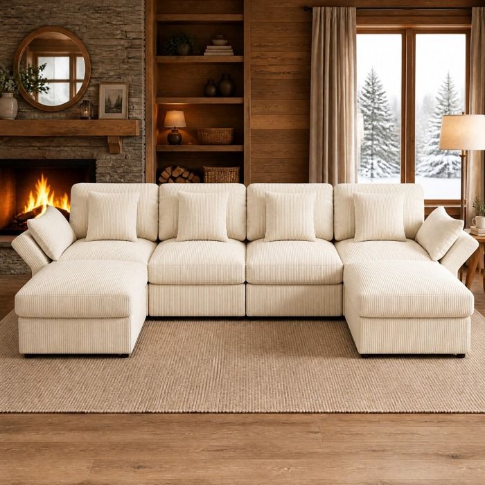 Canapé dangle modulable en U 6 places beige 290x159 5 cm avec poufs amovibles et accoudoirs réglables ORVRYN
