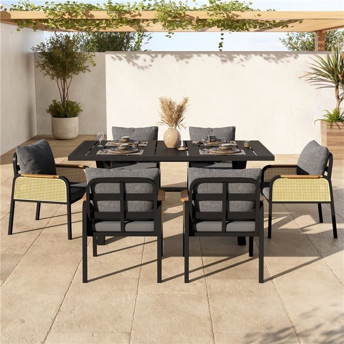 Set canapé extérieur robuste en fer design tressé et coussins intégrés Set canapé extérieur robuste en fer design tressé et coussins intégrés