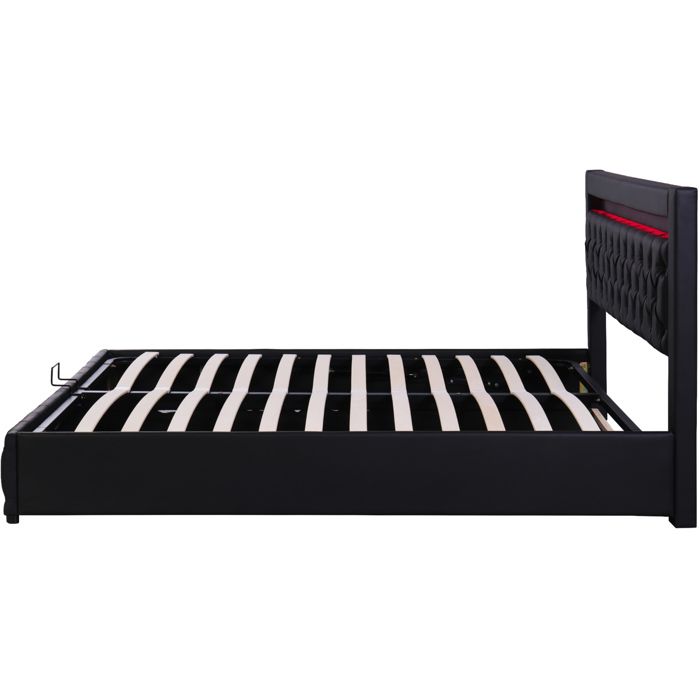 Maisentiel Lit rembourré noir 180 x 200 cm avec sommier à lattes coffre de rangement et LED