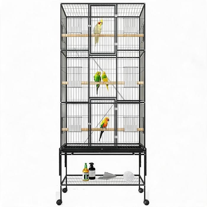 JOLLYTOP Grande cage oiseaux 175 cm en fer forgé sur roulettes volière perroquet avec tiroir amovible étagère rangement gamelles