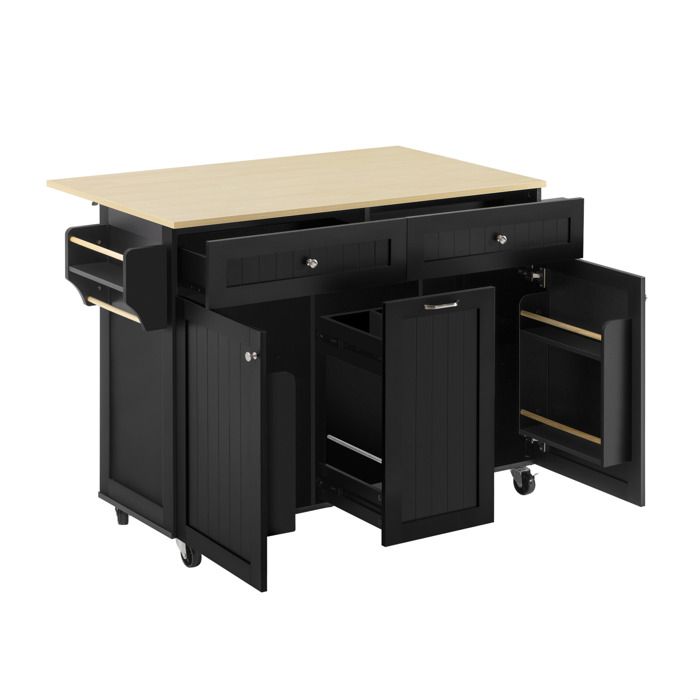 Îlot central de cuisine mobile noir et naturel avec plan extensible rabattable et rangements Îlot central de cuisine mobile noir et naturel avec plan extensible rabattable et rangements