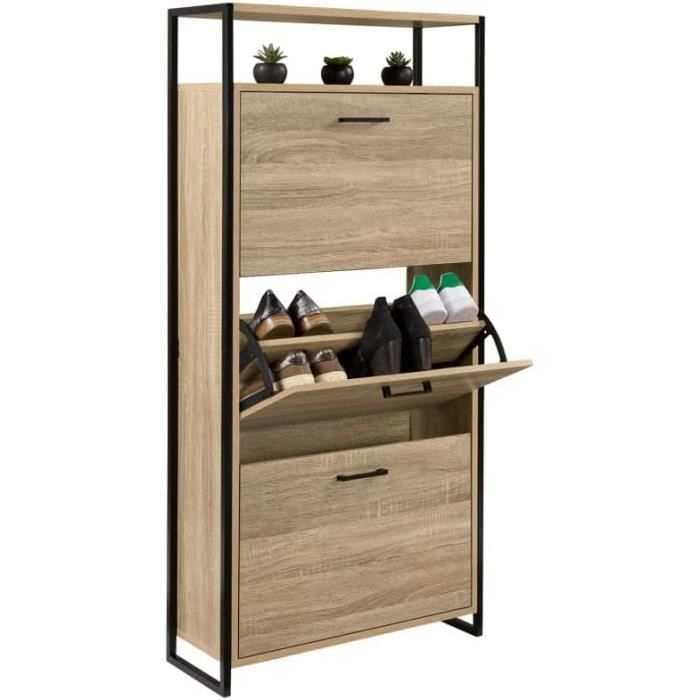 Meuble à Chaussures LUIS 18 Paires – 3 Portes Abattantes + Étagère – Style Industriel Bois & Métal