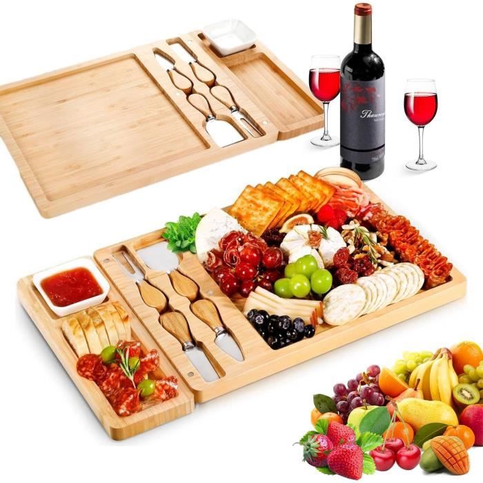 Plateau à Fromage Rotatif En Bois - Avec 4 Couteaux Inclus, 20 Cm, Pour Apéro, Pique-nique, Fête