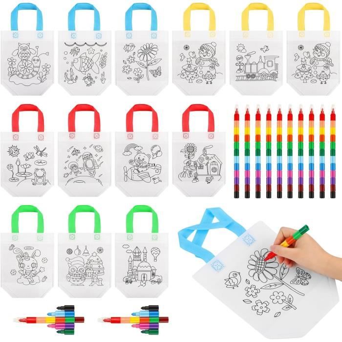 Kit Sacs En Tissu à Peindre Enfants - 12 Pièces Avec Stylos Et Règles, DIY Et Fête