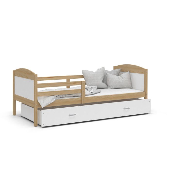 Lit Enfant Mateo 90x190 Pin - blanc Livr&eacute; avec sommiers, tiroir et matelas en mousse de 7cm