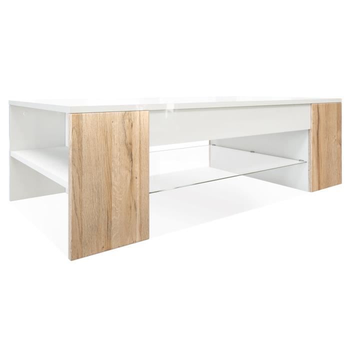 vladon table de salon table basse clip en blanc avec des bordures en chêne nature