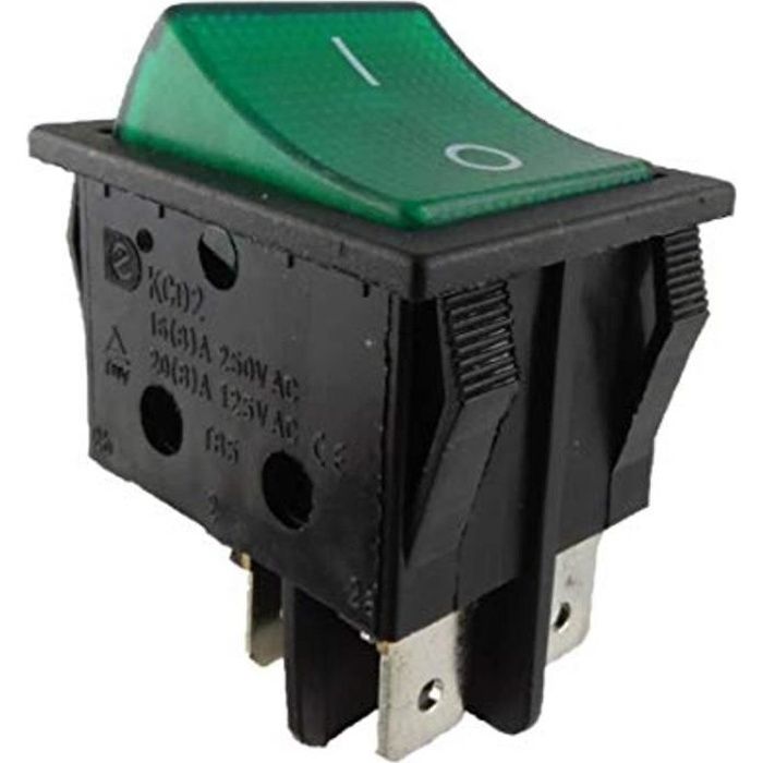 Interrupteur à bascule encastrable, 2 pôles, 4 broches, 16 A, 250 V, 28,5 x 21,9 mm, vert, avec éclairage