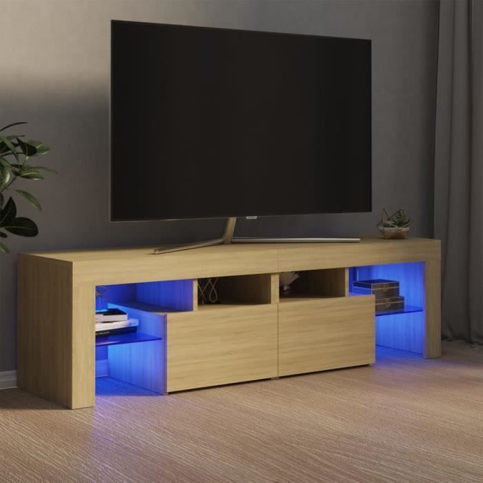 meuble tv bas sur pieds scandinave - table basse multifonction - avec lumières led chêne sonoma 140x35x40 cm