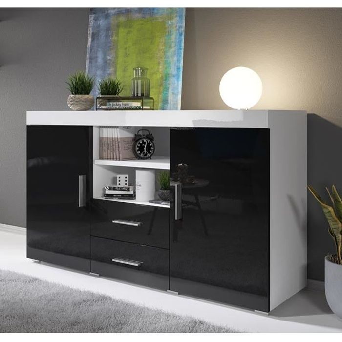 Buffet Bahut 2 portes 2 tiroirs | 140 x 80 x 40 cm | Couleur Blanc et Noir Finition Brillante | Rangement | ROQUE