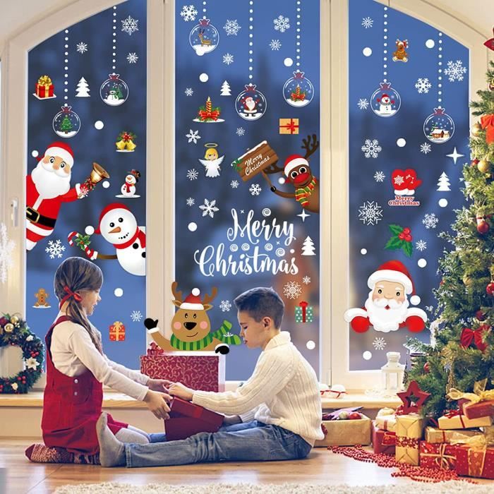 Autocollants Fenêtre Noël - 174 Stickers PVC Réutilisables, 9 Feuilles 20x30 Cm, Motifs Festifs