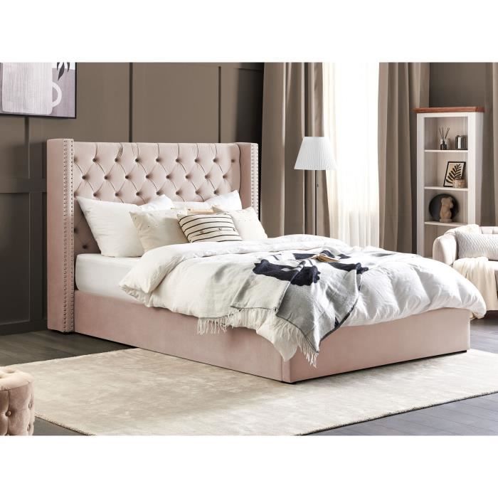 lit double en velours rose avec rangement - beliani - lubbon - tête de lit capitonnée - cadre en bois durable
