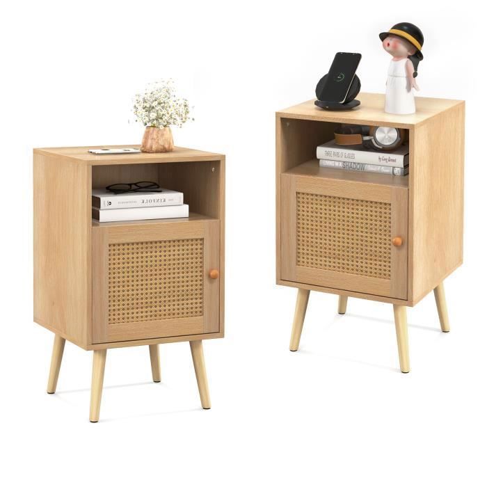 COSTWAY Lot de 2 Table de Chevet avec à Porte Cannage et Pieds en Bois Massif Table dAppoint pour Chambre Salon 40 x 39 x 70 cm