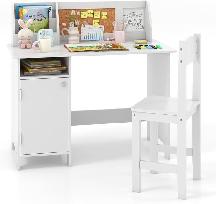 GOPLUS Bureau Enfant avec Chaise-90x45x86CM-1 Armoire à Porte+Bibliothèque Dessus+Tableau dAffichage-Blanc