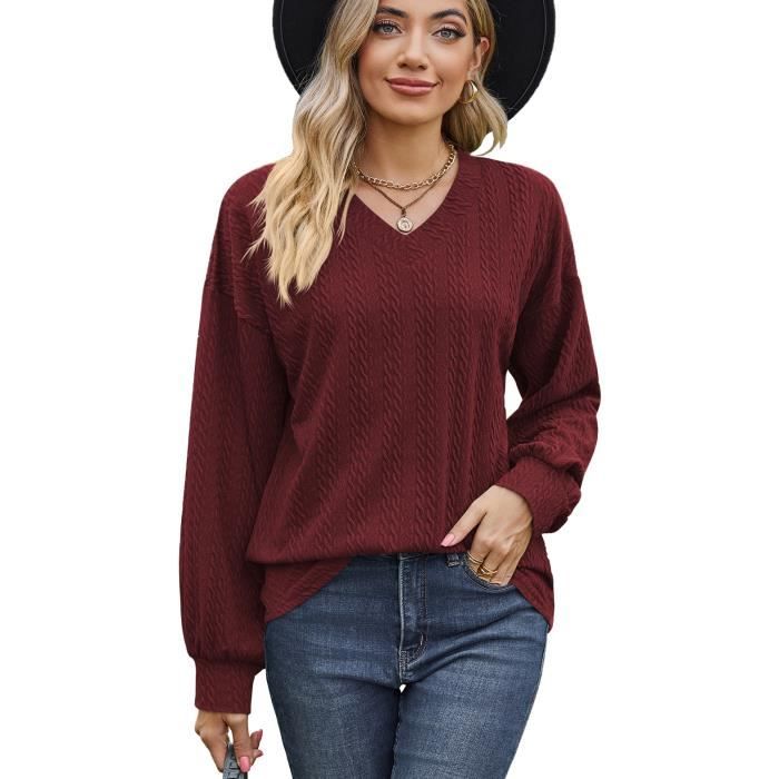 Pull col sales v bordeaux femme