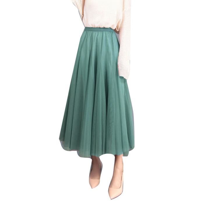 Femme Jupe Mi longue Fluide Vintage Chic Taille Haute Petticoat Jupe Fee A line Jupe Longue Plisse Jupe evasee unie LakeVert Lac vert Cdiscount Pret a Porter