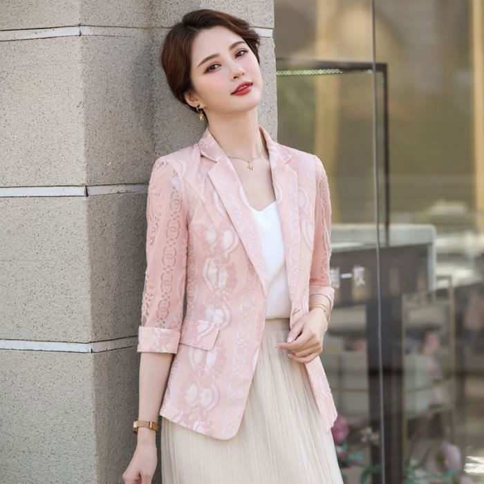 Manteau Veste en dentelle elegante pour femme Blazer a manches mi longues style OL hauts d exterieur ideal pour Pink D82008 Blanc Cdiscount Pret a Porter
