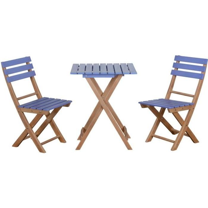 Ensemble bistro de jardin pliant style colonial 2 chaises + table bois pin pré-huilé peint bleu