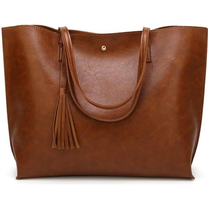 Grand Sac a Main Femme PU en Cuir Sac Fourre Tout Portes Epaule Bandouliere Simple Marron Cdiscount Bagagerie Maroquinerie