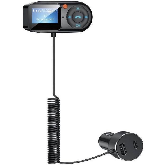 Thomson Transmetteur FM 12 24V écran déporté câble 2m voltmètre USB A 2,4A USB C 18W