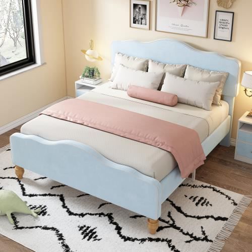 moderne lit double rembourré,avec tête et pied de lit en forme de vague,avec sommier à lattes en bois, velours, bleu ,140 x 200 cm