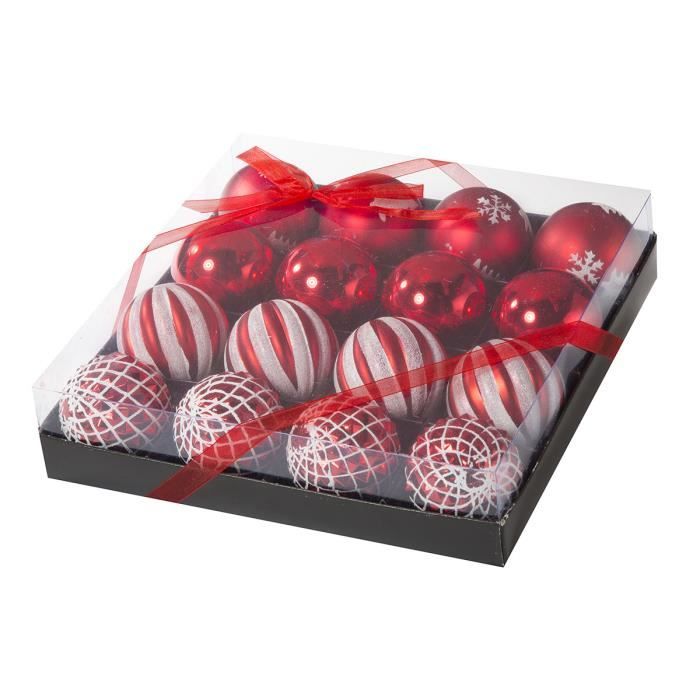 Coffret 16 boules de Noël Fantaisie rouges motifs variés Rouge