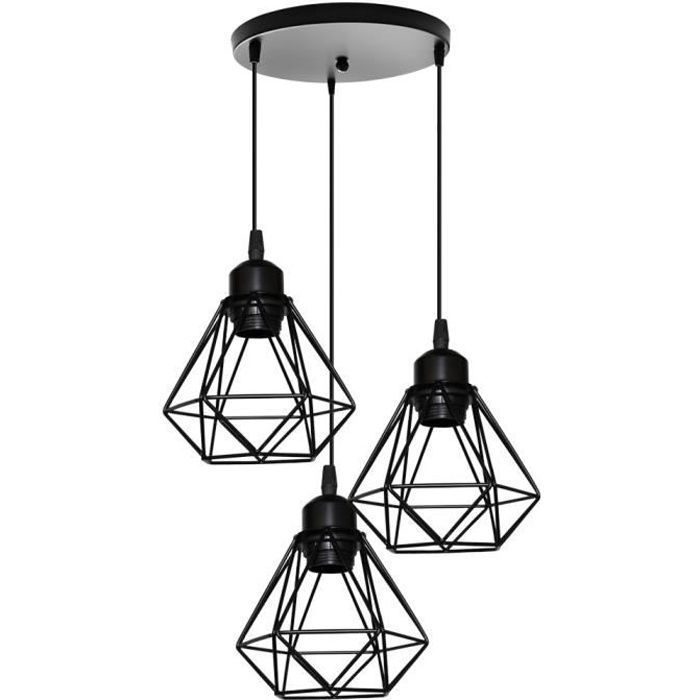 UNI Suspension Luminaire Industrielle 16cm Cage Forme Diamant 3 Lumières en Disque Noir Luminaire Salon Hôtel Chambre Café