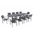 Table de jardin extensible aluminium 270cm + 10 fauteuils empilables textilène anthracite - LIO 10-1