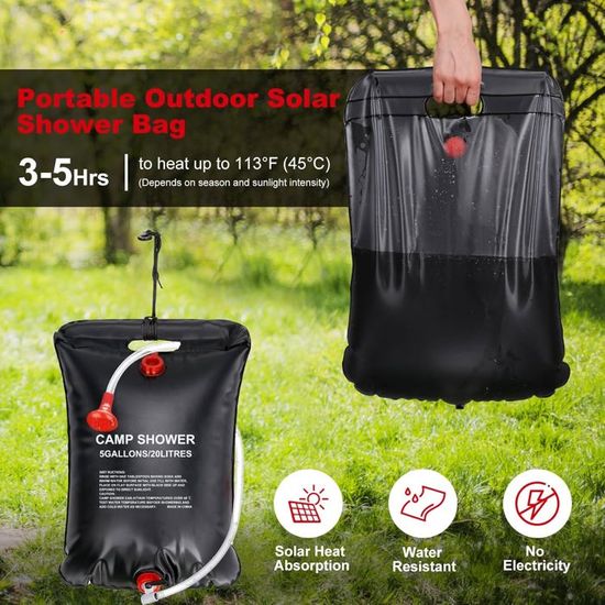 Douche Solaire Portable 20L ECtury - Pour Camping, Randonnée, Festival - Chauffe En 3h Au Soleil