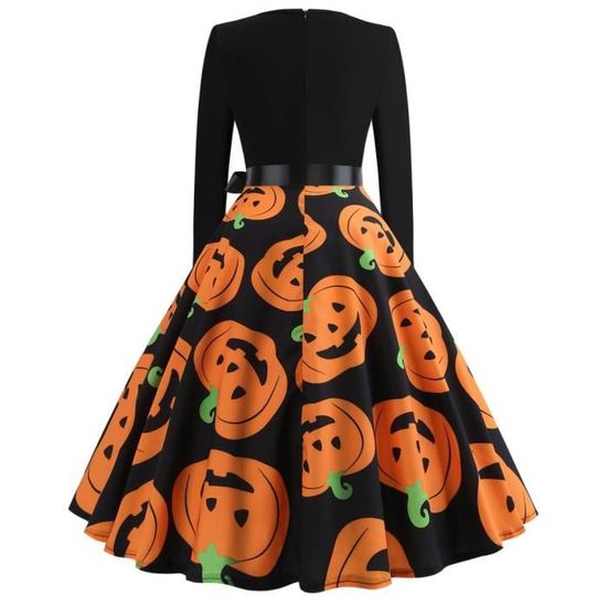 Robe Halloween Femme Imprimé Citrouille Vintage - Manches Longues, Jupe A-Line Évasée