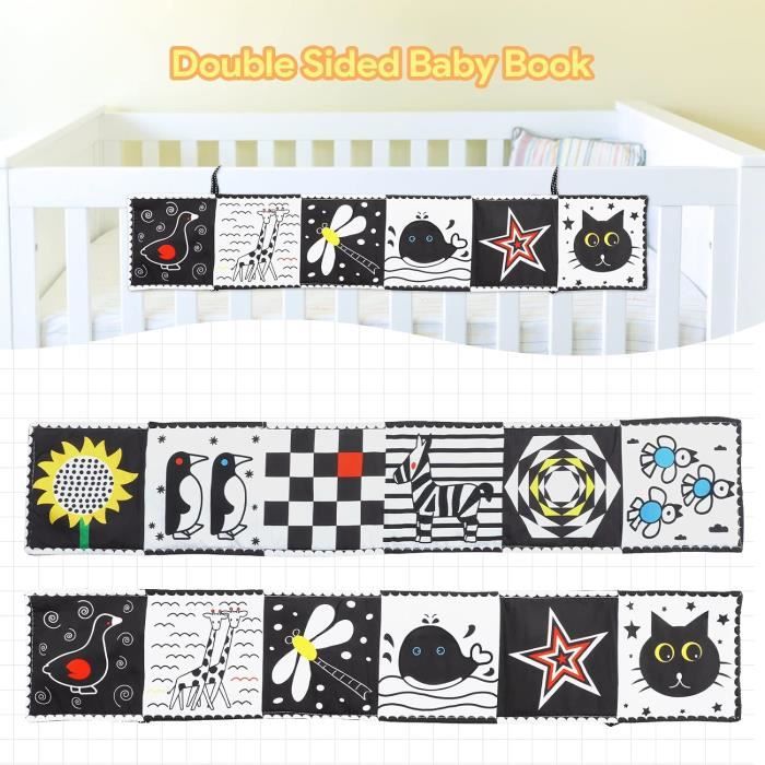 Vicloon Livre Noir et Blanc Bébé Montessori, Livre Carte Montessori Sensoriel en Tissu Noir et Blanc, Livre D'éveil Noir et Blanc Bébé pour 0-12 Mois, Favorise Développement Cerveau Bébé