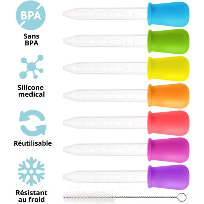 7 Pipettes Graduées 5ml + Brosse - Sans BPA, Réutilisables Pour Cuisine, Labo, Enfants