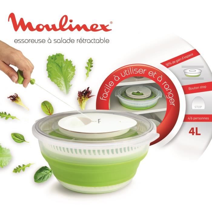 MOULINEX K2530104 Essoreuse à salade rétractable 4 L, Base antidérapante,  Système de tirage par cordon, Bouton d'arrêt, Vert/Blanc - Cdiscount Maison