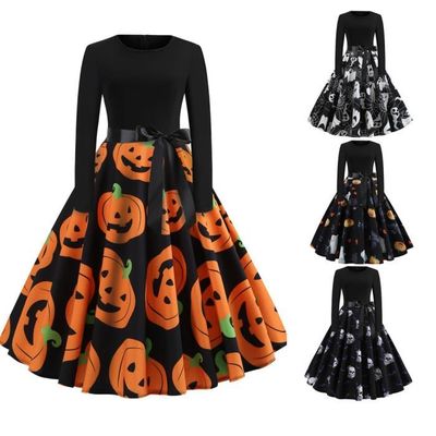 WVONIF Robe Citrouille Femme Robe Femme Chic Et Elegant Manches Longues Col Rond Imprimée 2023 Mi Longue Chic Et Glamour Deguisement Mode Vintage Haute Vêtement Robe Halloween Femme Gothique