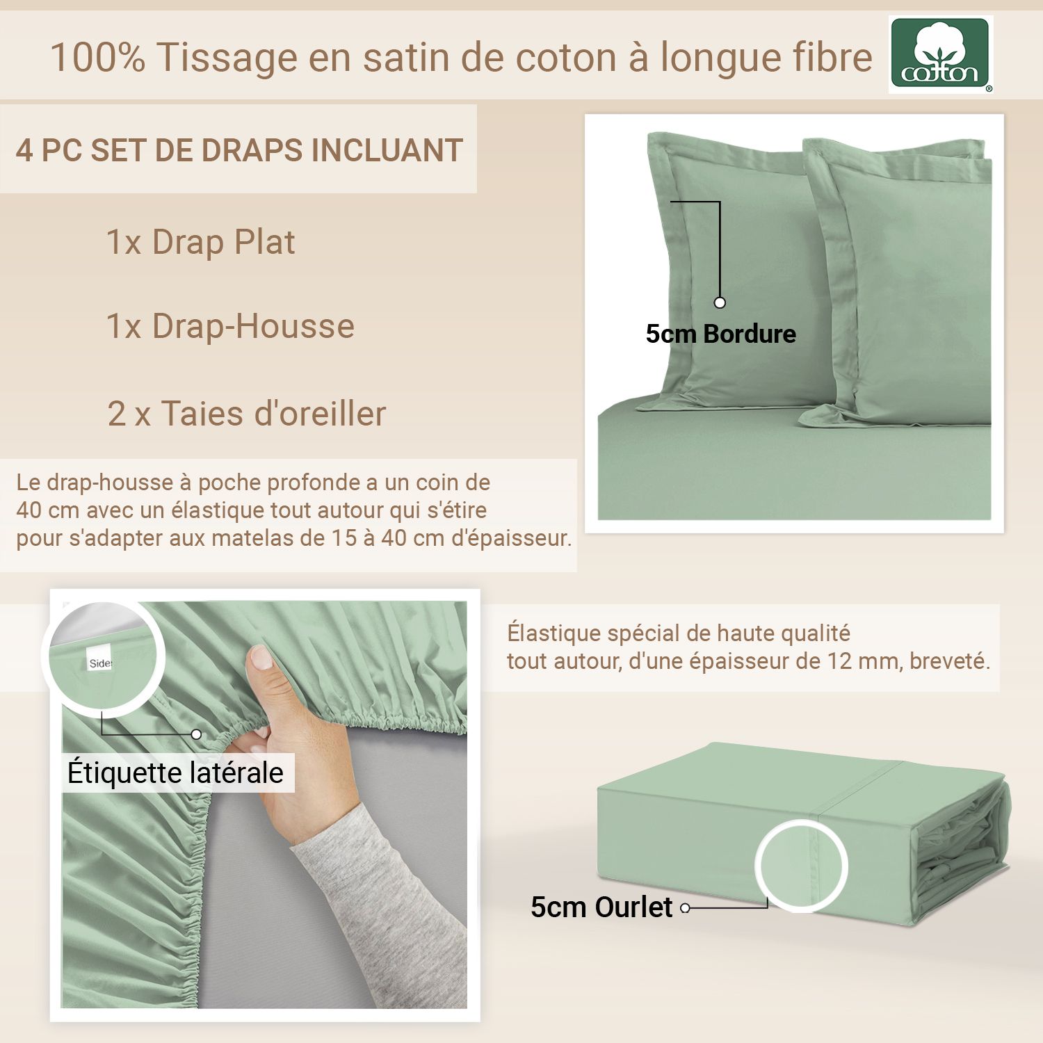Pizuna Luxueux Drap Housse 90x200 cm Rose Clair, 100% Coton Longue