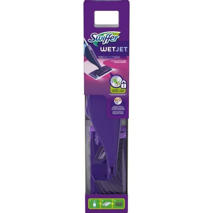 SWIFFER WetJet Wood Balai Spray Kit complet avec 5 lingettes, 1 nettoyant  Liquide, 4 piles 