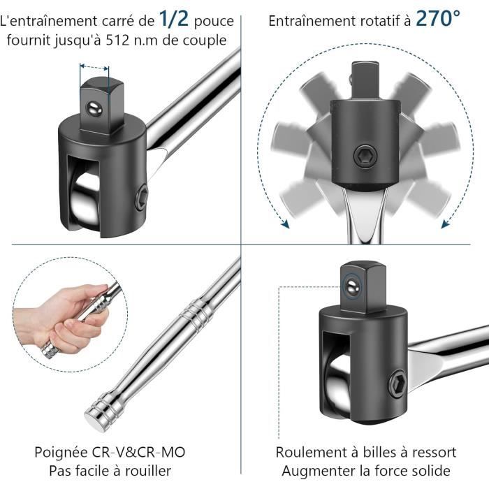 S&R Set Manche Clé à Douille Poignée Articulée 1/2" Avec Extension Et 3 Douilles 17 19 21 Poignee Articulee 600mm Extra Lourd Et Tres Resistant 16 Mm 1686 1931
