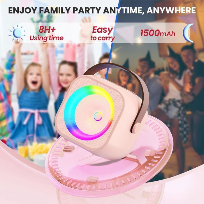 Mini Machine Karaoké Portable Bluetooth Fwiull Avec 2 Micros Sans Fil – Effets Voix & Lumières LED – Idéal Cadeau Enfants 5-12 Ans