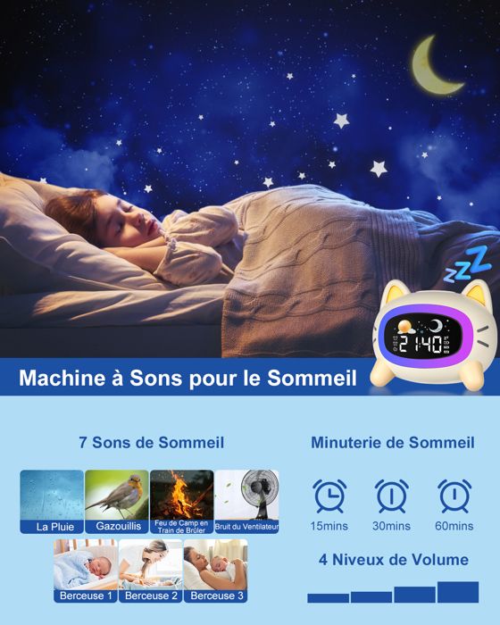 Réveil Numérique Enfant Veilleuse Chat - Lampe Réveil LED 7 Couleurs Avec Date Et Température - Cadeau Idéal Garçon Fille
