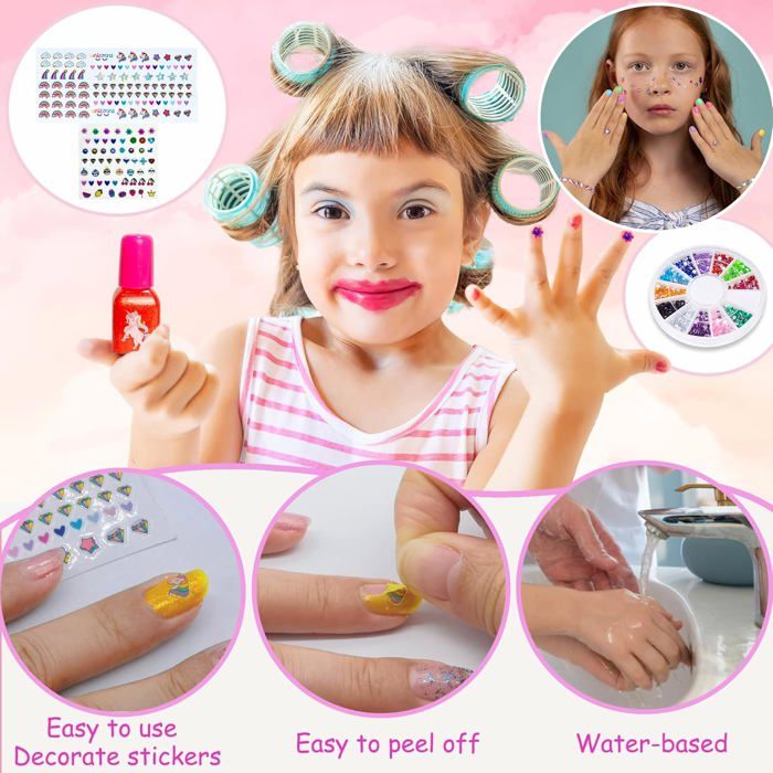 Kit Manucure Et Maquillage Pour Fille 4-8 Ans - Vernis Lavable, Autocollants, Séchoir - Jouet Cadeau