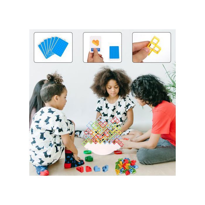 Tetra Tower Balance - 32 Blocs Empilables 4 Couleurs - Jeu D'équilibre 2 Joueurs - Carte Défi Incluse - Voyage