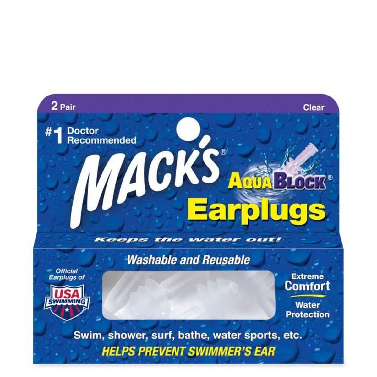Macks AV004 Aqua Block Bouchons doreilles Clear Macks AV004 Aqua Block Bouchons doreilles Clear